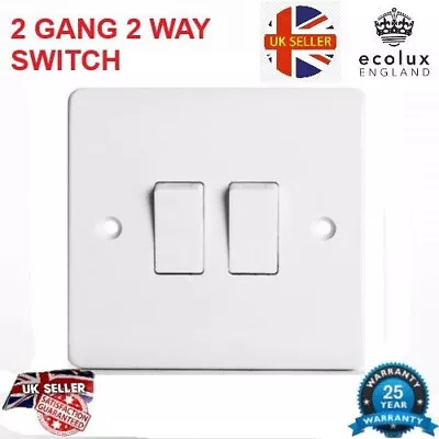 2 Gang 2 Way Light Switch Double Twin 2G White Plastic With Fixing Screws • £3.89