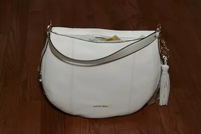 NWT Michael Kors $398 Brooke Large Zip Top Hobo Shoulder Handbag Tote White/Gold • $189.99