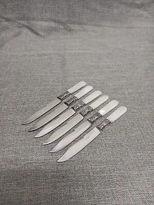 6 Vintage American Cutlery Sterling Band Mother Of Pearl Handle 6 1/8  Knives • $79.95