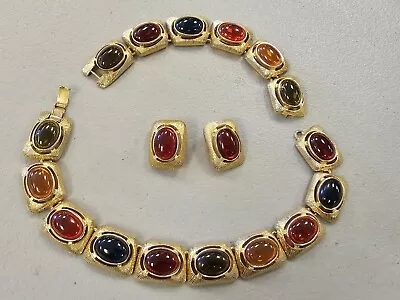 Vtg Les Bernard VC Multi Gem Like Stones Gold Tone Necklace Earrings For Repair • $125