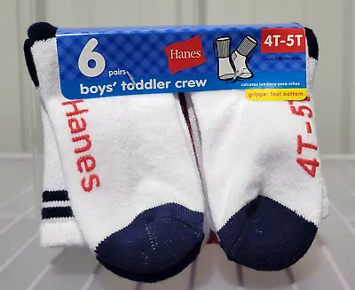 Hanes Boys' Size 4T 5T Crew Socks W/ Gripper Bottoms 6 Pair Pack • $13.31