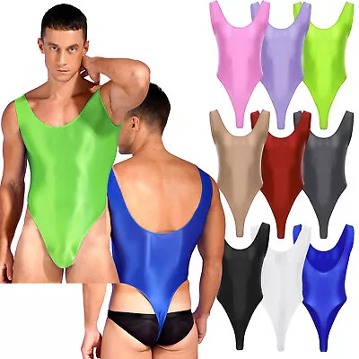 Mens Glossy Leotard Sleeveless Gym Workout Jumpsuit Swim Bodysuit Unitard Body • £5.99