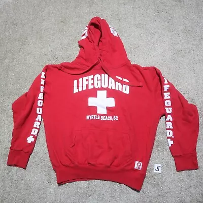 Lifeguard Hoodie Red Myrtle Beach SC White Spell Out Long Sleeve Adult M Medium • $15.34