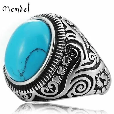 MENDEL Mens Simulated Oval Turquoise Stone Ring Men Stainless Steel Size 7 8-15 • $9.99