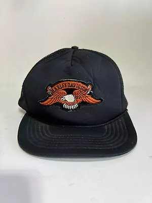 HARLEY DAVIDSON - Vtg 70s-80s Black Patch Eagle Mesh SnapBack Trucker Hat. Rare • $29.99
