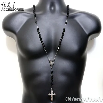 30+5 MEN Stainless Steel 8mm Silver Black Onyx Beads Cross Rosary Necklace*RN12 • $21.99