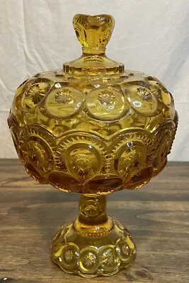 Vintage LE Smith Moon & Stars Amber Glass Lidded Pedestal Compote Candy Dish • $22