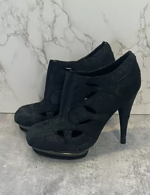 Velvet Angels Stiletto Platform Black Textured Leather Cut Out Pumps Size 36 • $39