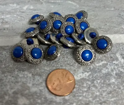 Lot Of 20  Royal Blue/Silver Tone Plastic+Metal  Shank Buttons 15mm 5/8  Western • $3.97