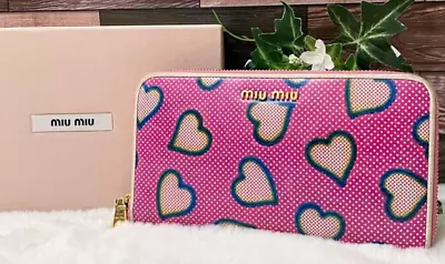 Miu Miu Round Long Wallet Pink Heart Gold Metal Fittings With Box • £95.48