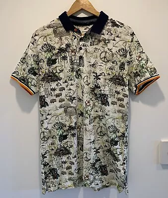 A Fish Named Fred Polo Shirt Men’s Medium Navy Hippie Print Short Sleeve Mint • $35