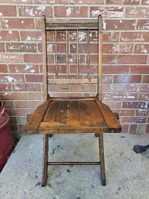 Vintage Wooden Slat Seat Folding Chair Solid Oak Spindle Back #2 • $35.99