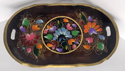 Vintage Mexican Batea Floral Hand Painted Carved Wood Folk Art Oval Serving Tray • $18.99