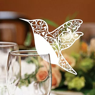 £12 • Buy Hummingbird Wedding Name Place Cards For Wine Glass Laser Cut  Pearlescent Card