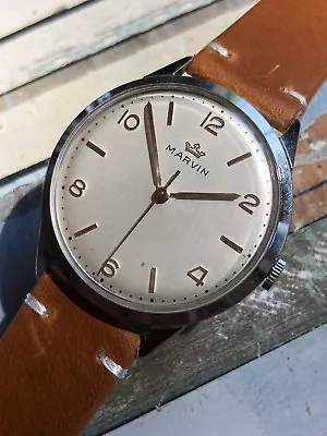 £245 • Buy 1950s Vintage Oversized Marvin Mens Dress Watch 37mm Swiss