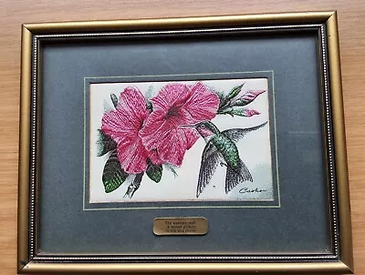 J & J Cash Of Coventry Woven Silk Picture Birds  RUBY THROATED HUMMING BIRD Vtg • £10.99