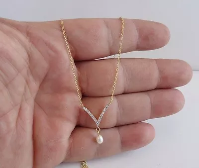 $30.97 • Buy V-shape W/ Hanging Pearl Necklace Pendant Simulated Diamonds 925 Sterling Silver