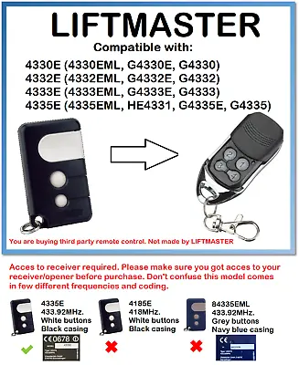 LIFTMASTER 4330E 4332E 4333E 4335E Compatible Remote Control 433.92MHz. • £9.99