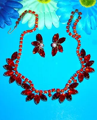 Vintage Juliana Red Orange Rhinestone Necklace & Earrings Set  A-613 • $24.99