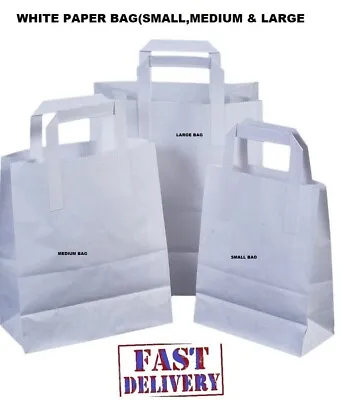 Kraft Craft Paper SOS Carrier Bags White With Flat Handles /Takeaway/ Restaurant • £0.99