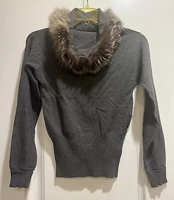 Vintage Iceberg Gray Sweater Fox Fur Trim Turtleneck/Cowl Neck Cotton Viscose S • $19.99