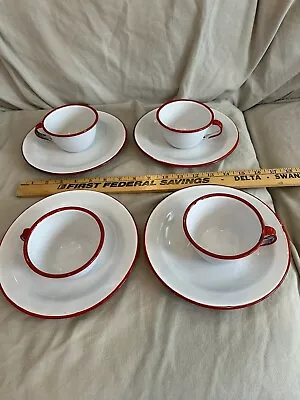 LOT Of 8 VINTAGE Red White Enamelware Kitchen 8  Plates And 4  Cups GRANITEWARE • $32