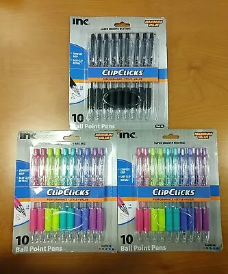 3 Pks Of 10: Inc Soft Grip Pens Clip Clicks Colored & Black Ink 1mm - W7E-4807 • $13.99