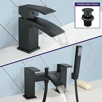 Bathroom Modern Waterfall Black Basin Sink Mono Square Mixer Tap Filler Waste • £89.99