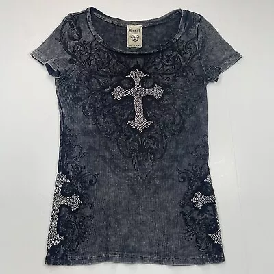 Vocal Womens Black Acid Wash Rhinestone Cross Designer Shirt Size Small • $24.99