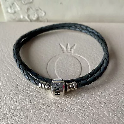 Pandora Silver Grey Double Leather Charm Bracelet Choker 39cm • £25