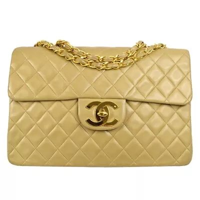 Chanel Beige Lambskin Maxi Classic Flap Shoulder Bag KK00582 • $3280