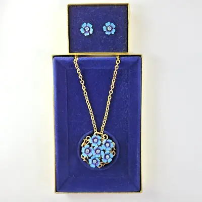 VTG Avon Love Blossoms Blue Enamel & Rhinestone Brooch Necklace & Clip Earrings  • $24