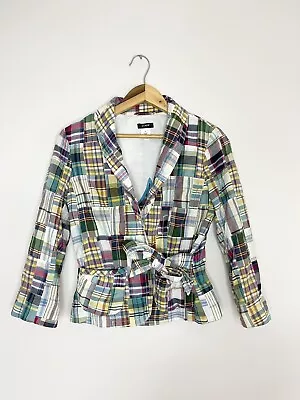 J. Crew Women's Multicolor Madras Patchwork Blazer Plaid Tie Waist Sz 2 Cotton • $19.55