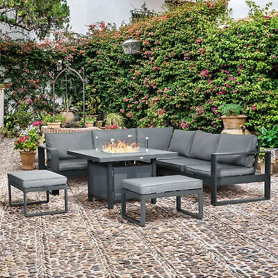 6pcs Outdoor Furniture Set Garden Corner Sofa With Fire Pit Table Aluminium • £1070.99