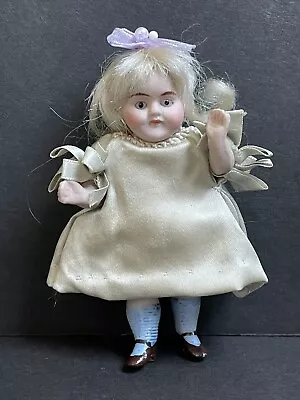 Antique German 3.5” Miniature All Bisque Mignonette Dollhouse Doll • $92