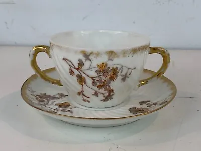 Antique A. Lanternier Limoges Porcelain Gold Painted Floral Cup & Saucer • $40