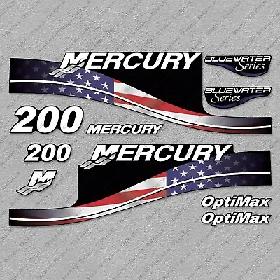 Mercury 200 HP Optimax BlueWater USA Flag Edition Outboard Engine Decal Set • $51.29