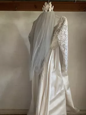 1960's Vintage Wedding Gown Satin  Lace  & Long Train W/Veil- OFF WHITE • $105