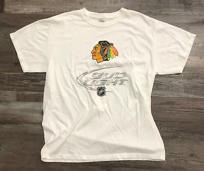 Vintage Chicago Blackhawks Bud Light NHL Mens White Large Tee T Shirt • $12.97