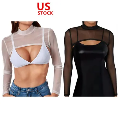US Women Long Sleeve Shrug Mock Neck Mesh T-Shirt Sheer Crop Top Party Clubwear • $8.79