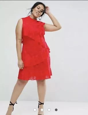 ASOS CURVE Lace Ruffle Mini Rara Dress UK20 US16 BNWT Red • $50