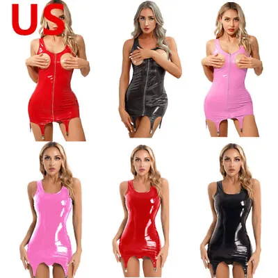 US Women Tank Dress Wet Look Patent Leather Vinyl Sleeveless Bodycon  With Clips • $18.11