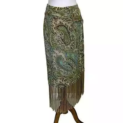 Vintage 80s Lillie Rubin Silk Maxi Skirt With Fringe Paisley Print Elegant 12 • $35