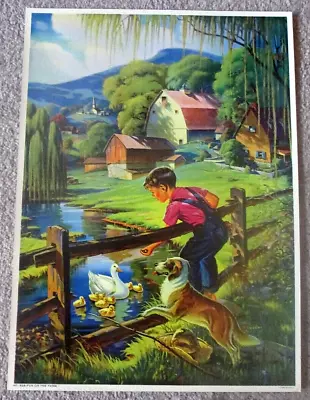 Vintage 1940's Boy And Dog Fishing Salesman Sample Calendar Lithograph Print • $9.99