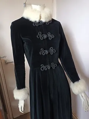 Vintage 70s Polly Peck By Sybil Zelker Long Velvet Coat Dress Fur Trims S • £70