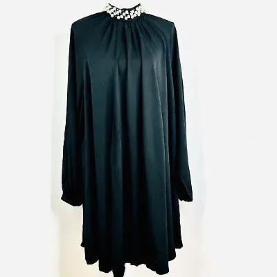 H&M Black Swing Trapeze Dress Size 10UK High Neck Pearl Pleated Collar Oversized • $21.83