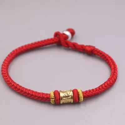 Pure 24K Yellow Gold 3D Six-word Motto Tube Bead Red Weave Bracelet 6.7 L • $34.77