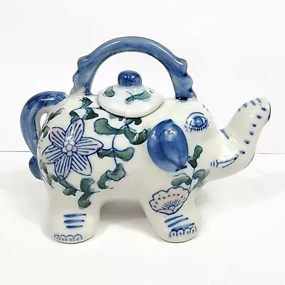 Vintage Blue And White Porcelain Elephant Teapot 7  Floral • $25.99