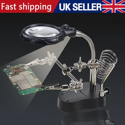 LED Desk Lamp Magnifying Magnifier Glass-With Light Stand Clamp Repair Tool Read • £6.99