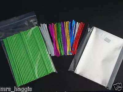 Green Cake Pop Kit 6  Plastic Lollipop Sticks 4x6  Cello Bags Metallic Ties X 50 • £5.25